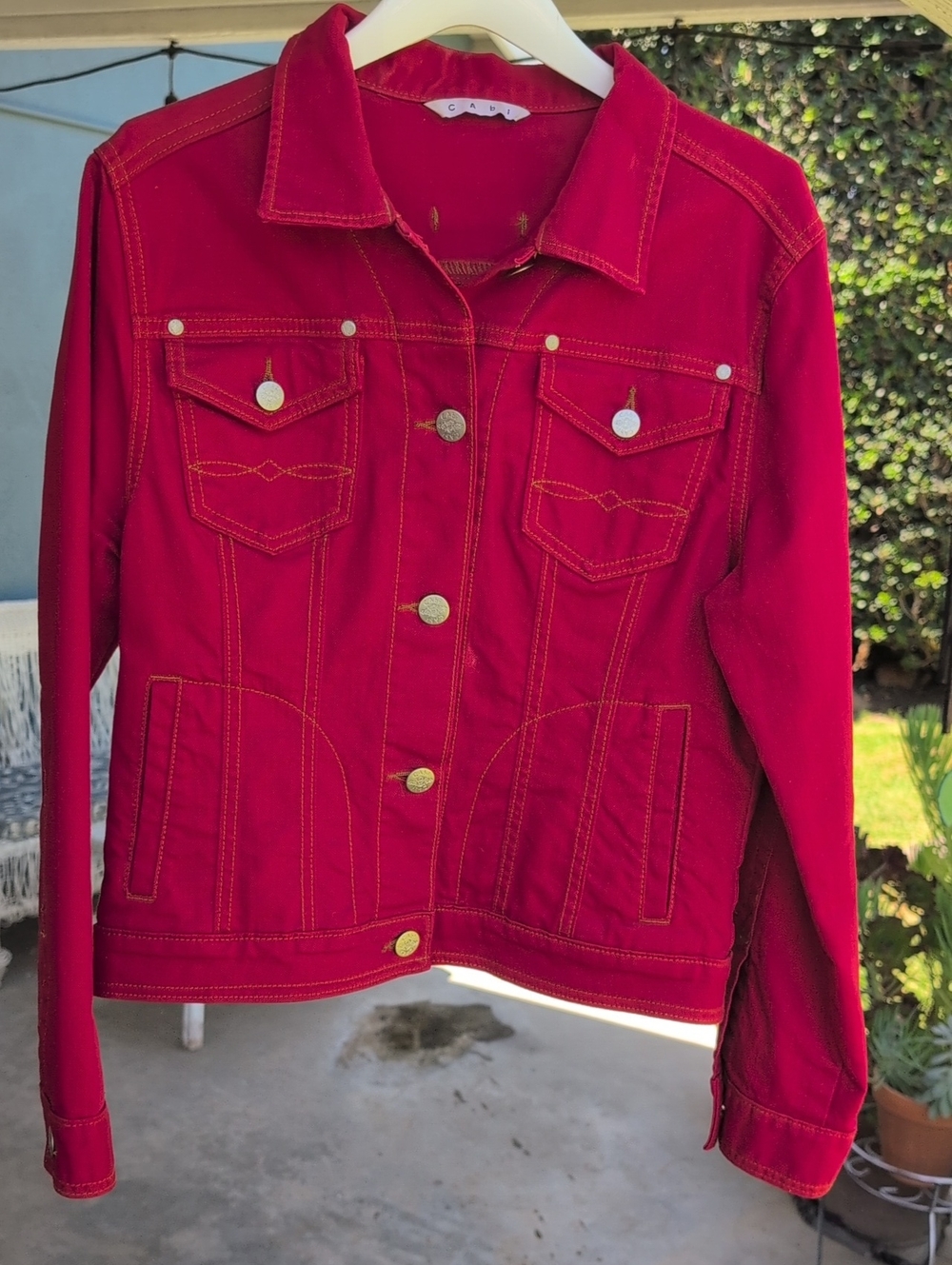 CAbi Red Denim Jacket with Contrast Stitching Size Medium
